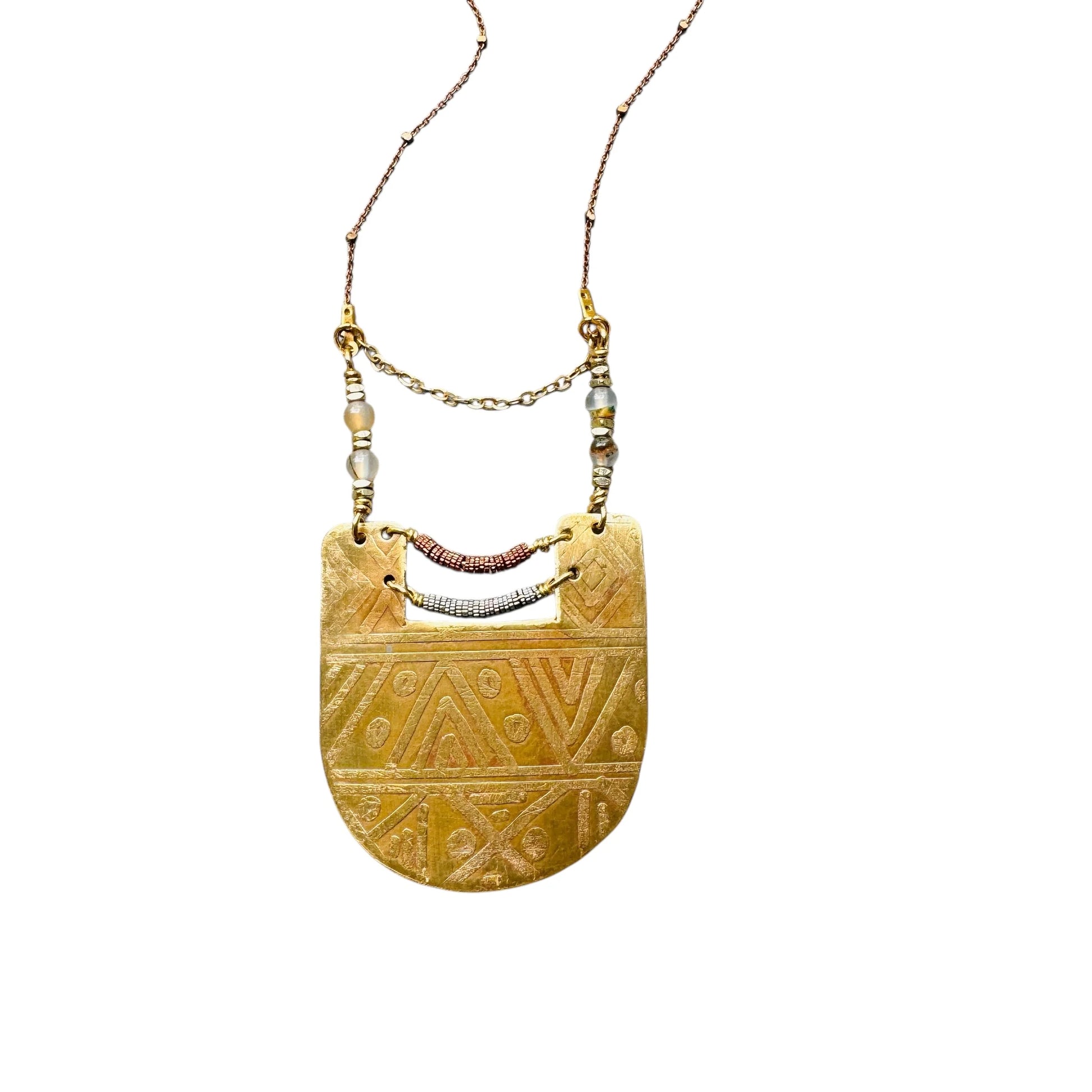 Beaded Tribal Etched Shield Necklace- Urban Eclectic - CL14